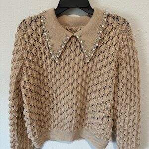 Beige Knit Sweater with Pearl Collar